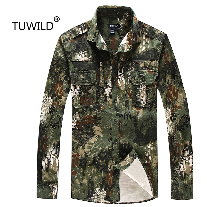 

Spring and Autumn Men's Polyester Cotton Tactical Camouflage Long Sleeve Shirt Outdoor Sports Top Mountaineering Long Sleeve