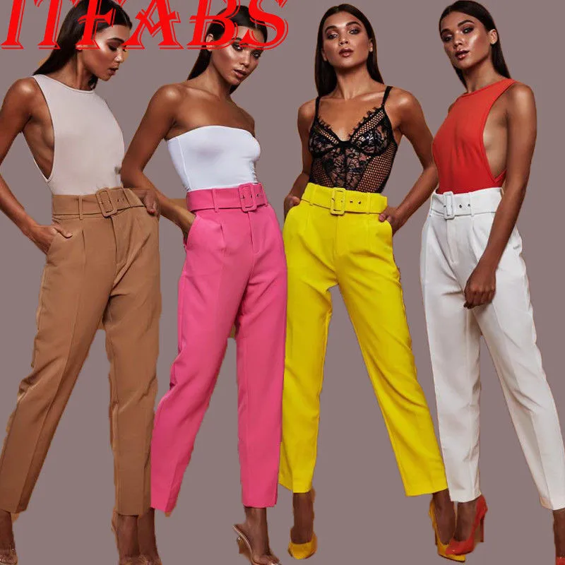 Брюки женские прямые с поясом и высокой талией цвета хаки|Брюки| |