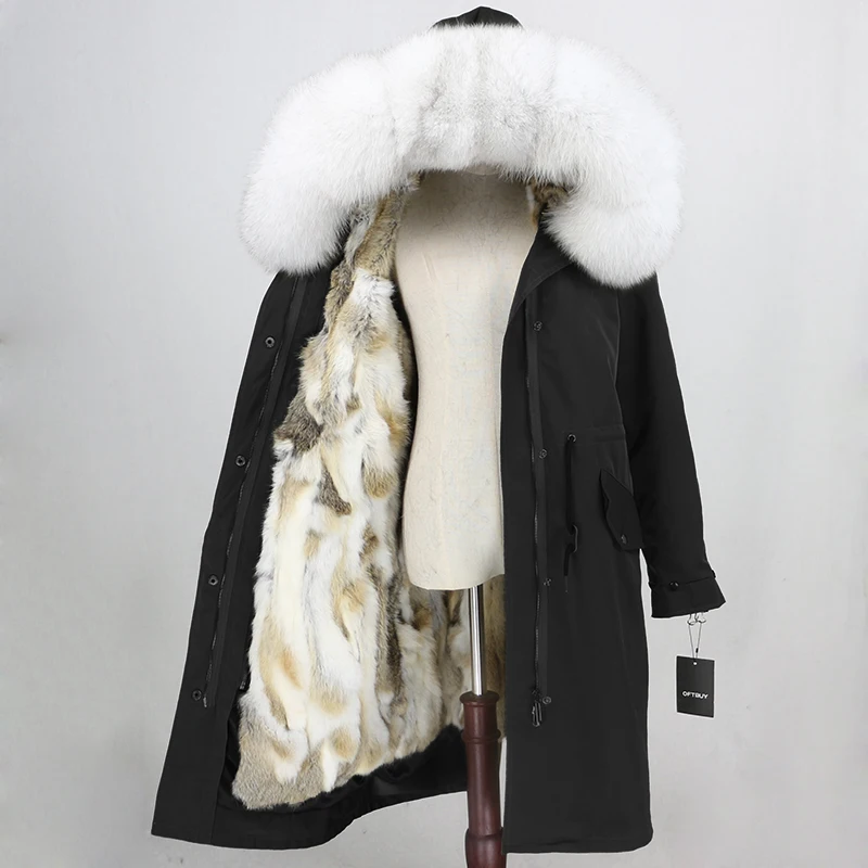 black white OFTBUY, водонепроницаемая верхняя одежда, парка, зимняя куртка, Женское пальто с натуральным мехом, Воротник из меха серебристой лисы, капюшон, натуральный мех кролика, подкладка, теплая - Цвет: black white