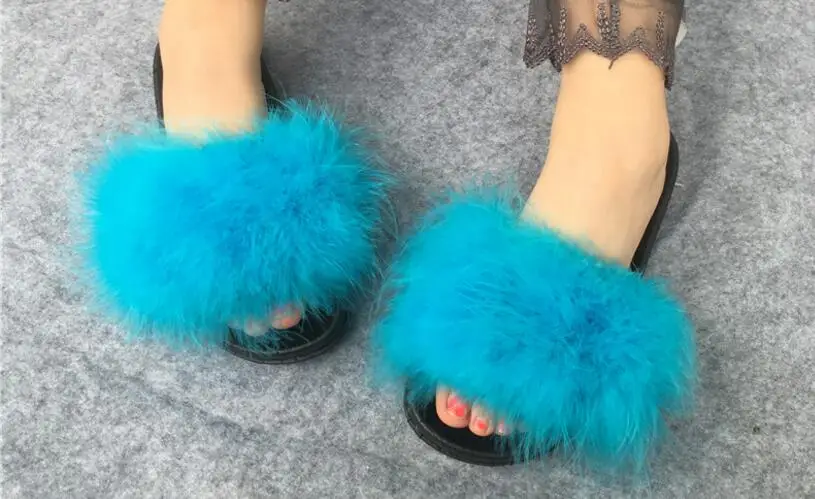 Женские тапочки; zapatos mujer; женские Ползунки; пушистое страусиное перо; мех; плоская подошва; Новинка; женские повседневные домашние тапочки; Вьетнамки; сезон осень