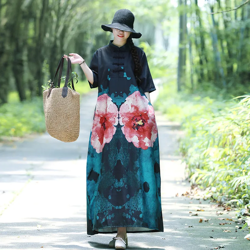 Женское платье из хлопка и льна с принтом Boho, осень, свободные платья с воротником-стойкой и рукавом средней длины, винтажное Повседневное платье большого размера