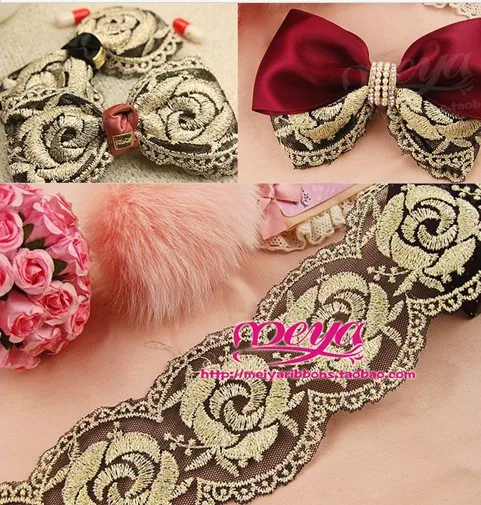 Free shipping 8CM 10 yards black and gold rose Embroidery Lace garment accessories wedding dress free | Дом и сад