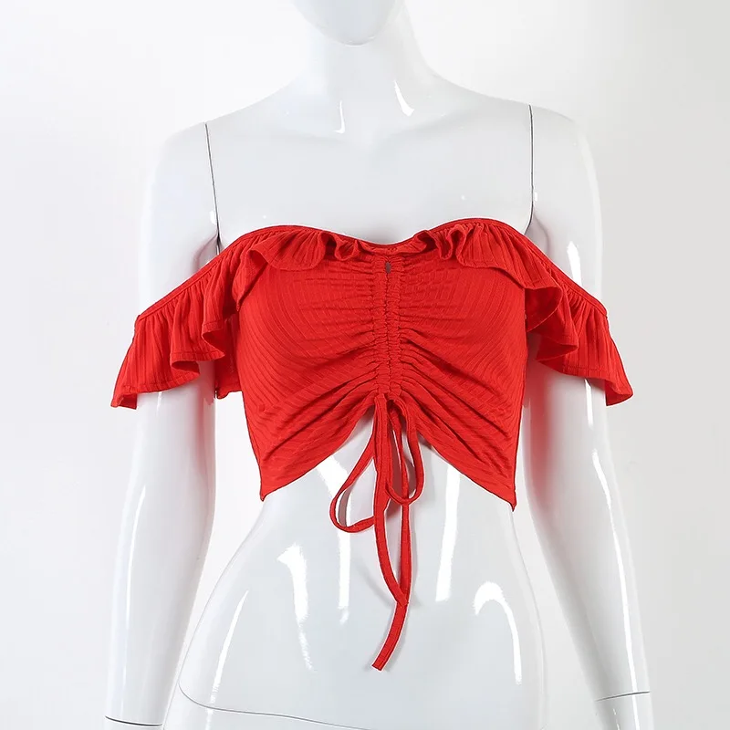 T012 красный с плеча оборками шеи ruched сексуальный женский укороченный топ