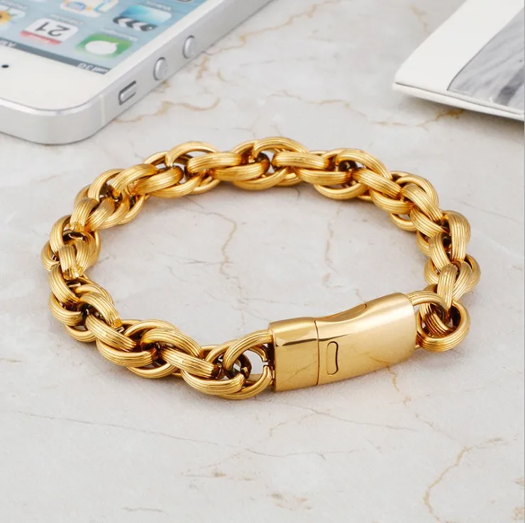 Роскошный золотой цвет Веревка Цепь мужские браслеты для женщин сплошной панк