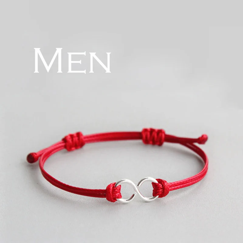 menredsilver 925 пробы, серебряный браслет, пара, восемь, красная веревка, женские браслеты, Красная Нить, линия, браслеты для женщин, серебро, 925, для мужчин - Окраска металла: menredsilver