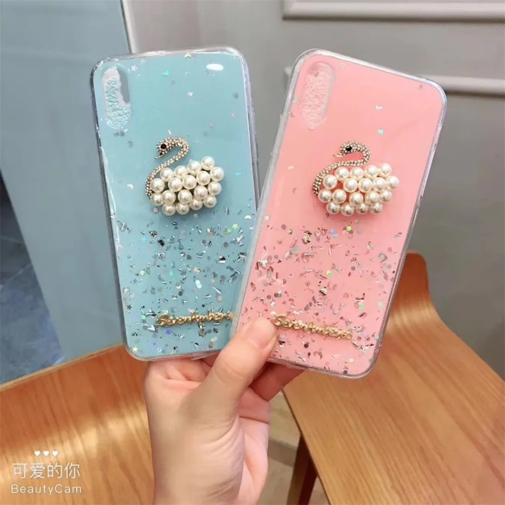 Новый Модный чехол с лебедем и бриллиантом для iphone 6 s 7 8 Plus X XR XS MAX розовый синий