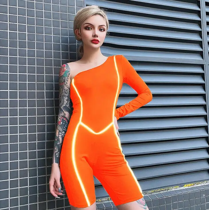 Синий Женский один костюм с открытыми плечами Светоотражающие полосатые Лоскутные Комбинезоны женские модные обтягивающие Боди Ночная одежда для вечеринок - Цвет: Синий