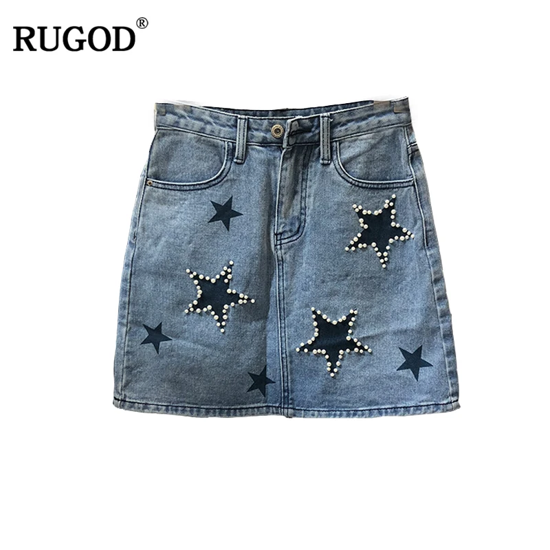 Модная мини-юбка RUGOD со звездами и бисером женская синяя джинсовая юбка с высокой