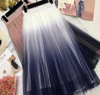 long tulle skirt women 2022 summer new gradient korean elegant high waist a line pleated school midi skirt female