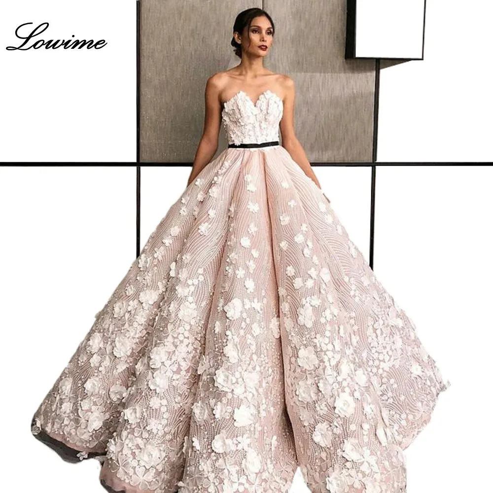 

Arabic Dubai Pink Sexy Celebrity Dresses With Flowers Strapless Sleeveless Zipper Back Red Carpet Gowns вечернее платье