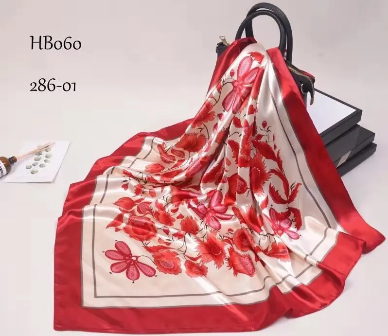 red white floral BYSIFA зимний мужской женский черно-белый Шелковый шарф 90*90 см Универсальный геометрический узор большой квадратный шарф обертывания мусульманский головной платок - Цвет: red white floral