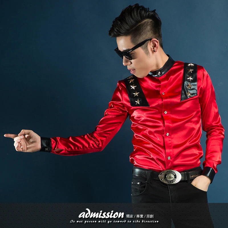 Новинка 2016 Мужская модная одежда мужская красная рубашка с заклепками для