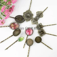 50pcs mixed styles vintage filigree hairpins hair pins bobbypins antique brass waved hair clips base settings with pads
