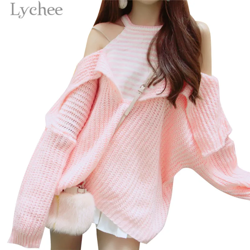 Женский Осенний вязаный свитер Lychee в полоску с открытыми плечами и рукавом