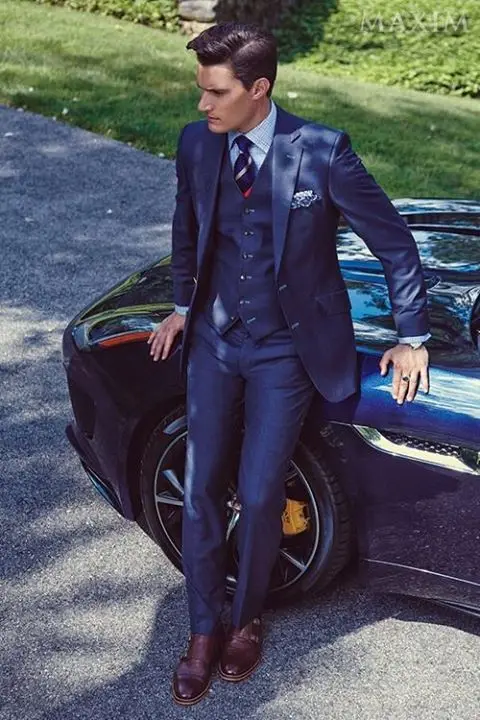 

Latest Coat Pant Designs Navy Blue Men Suit Slim Fit Skinny 3 Piece Tuxedo Custom Fashion Groom Blazer Vestidos Jacket+Pant+Vest