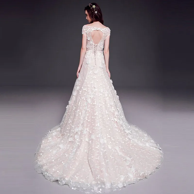 Короткие Рукава линия Элегантный Люкс Свадебные Платья 2017 Кружева Аппликации