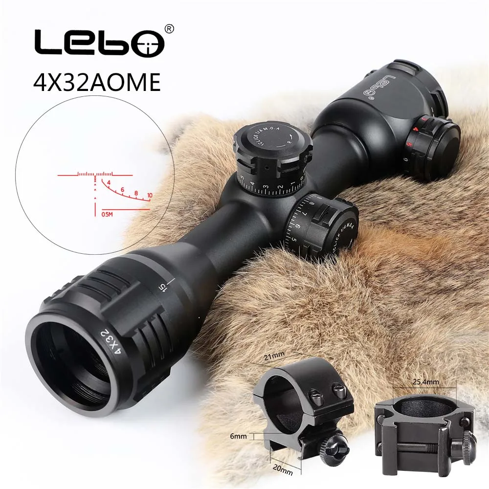 with Picatinny Rings LEBO 4x32 AOME тактический оптический прицел стекло Сетка Красный Зеленый с подсветкой компактный замок прицел для охоты прицел - Цвет: with Picatinny Rings