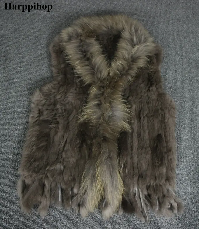 Women Genuine Natural Real rabbit fur Knitted Vests /Waistcoat/ gilet /coats with tassels Raccoon Fur collar