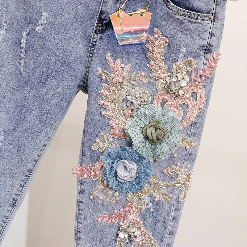 

Women O-neck Fly Knee-length New Promotion Free Shipping 2021 Summer Beaded Embroidered Short Sleeve Jeans Two-piece