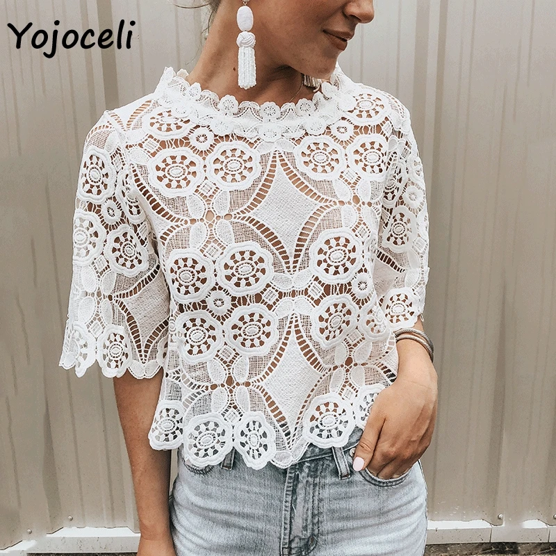 Yojoceli белое с кружевами связанными крючком открытые женские блузки рубашки