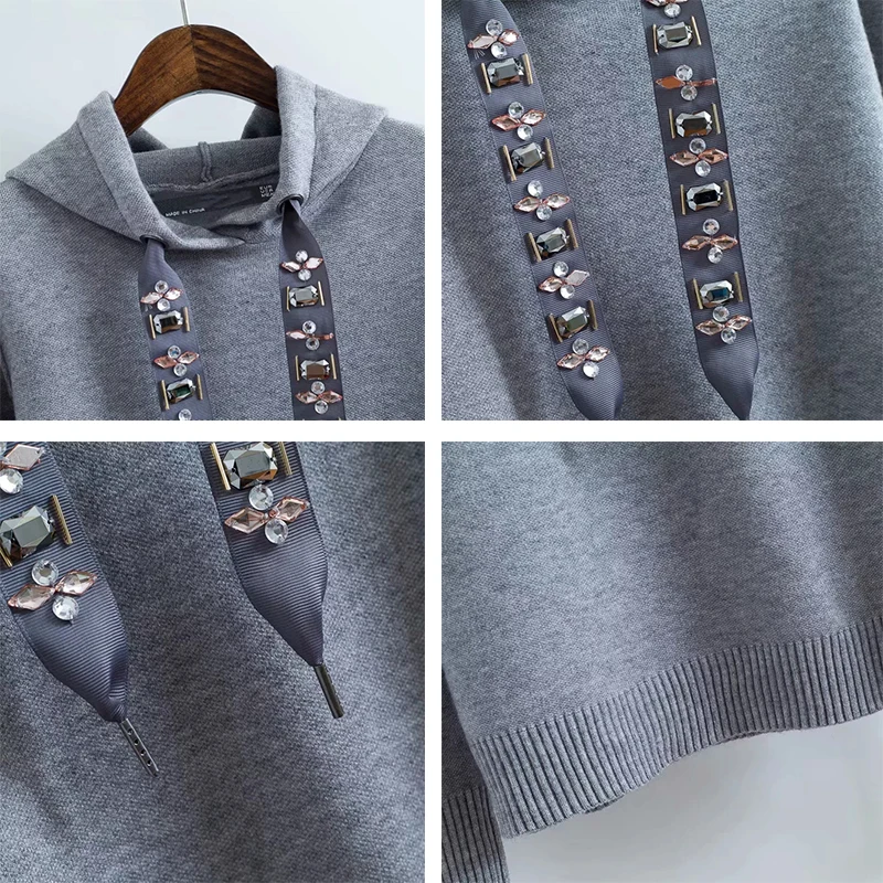 Elegant Female Knitted Beading Sweaters for Womens Jewelry Decoration Hooded Pullovers Women Winter Knitwear Girls Chic Clothes | Женская