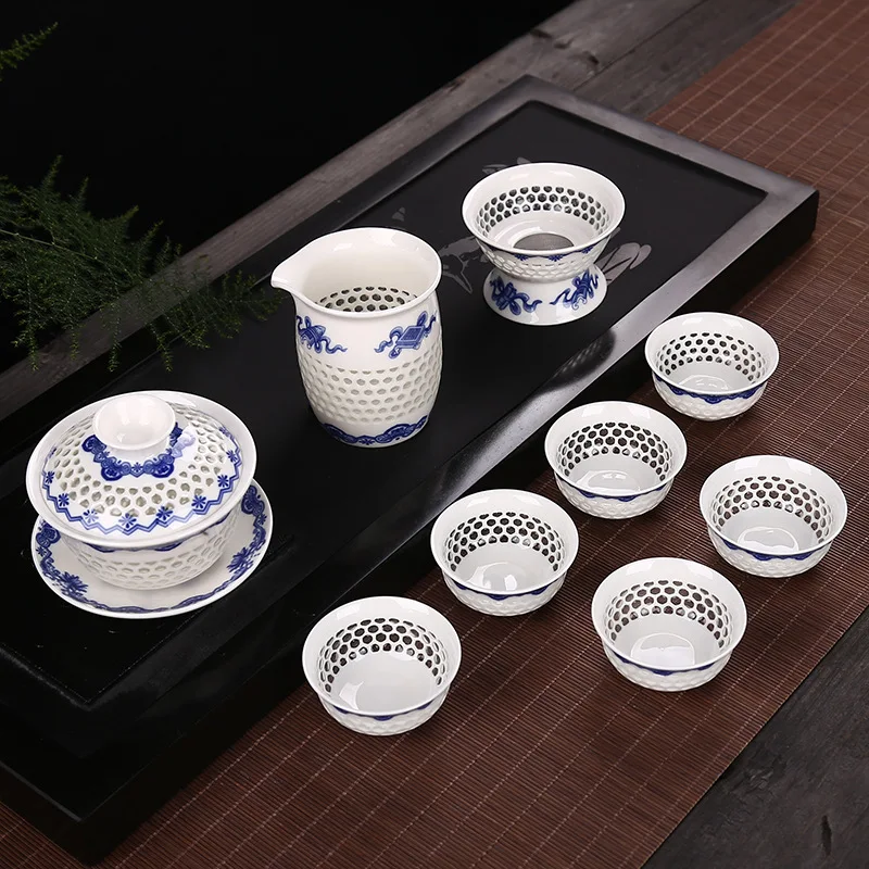 9 шт. сотовая фотокерамика синий и белый фарфор 1 * Gaiwan (чайник) + 6 чайные чашки