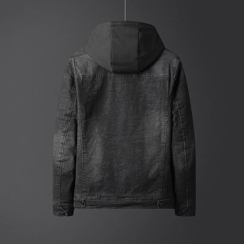 Мужская джинсовая куртка в ковбойском стиле черная со съемным капюшоном большие