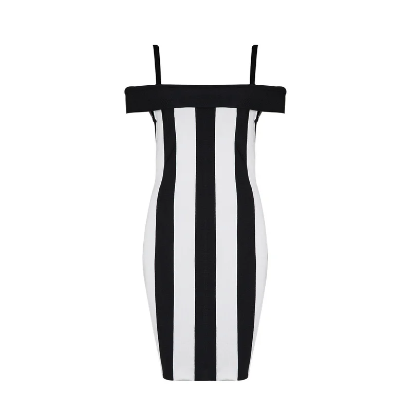 Celebrity Black White Slash Neck Vertical Striped Rayon Bandage Dress Club Party | Женская одежда
