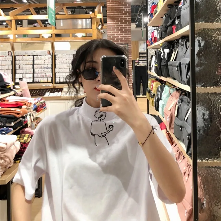 Korobov Harajuku/футболка с вышитым рисунком, Новое поступление, белые футболки с коротким рукавом, летняя футболка с воротником-стойкой, 77317