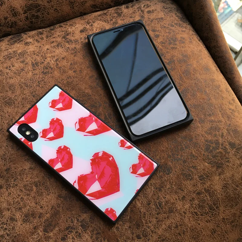 Red Love Heart Tempered Glass Phone Case For iphoneX 8 8plus Square Cover iphone6 6s 7 7plus | Мобильные телефоны и