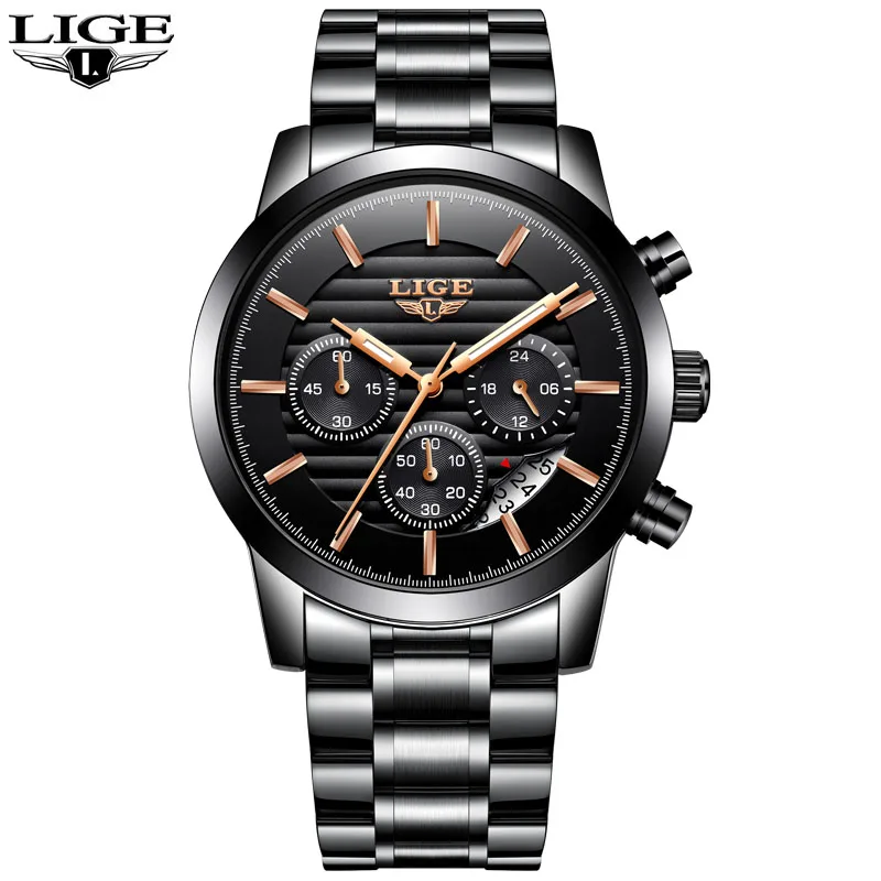 black rose gold LIGE мужской роскошный бренд часов полная сталь кварцевые часы мужские военные водонепроницаемые платья спортивные мужские модные повседневные relogio masculino - Цвет: black rose gold