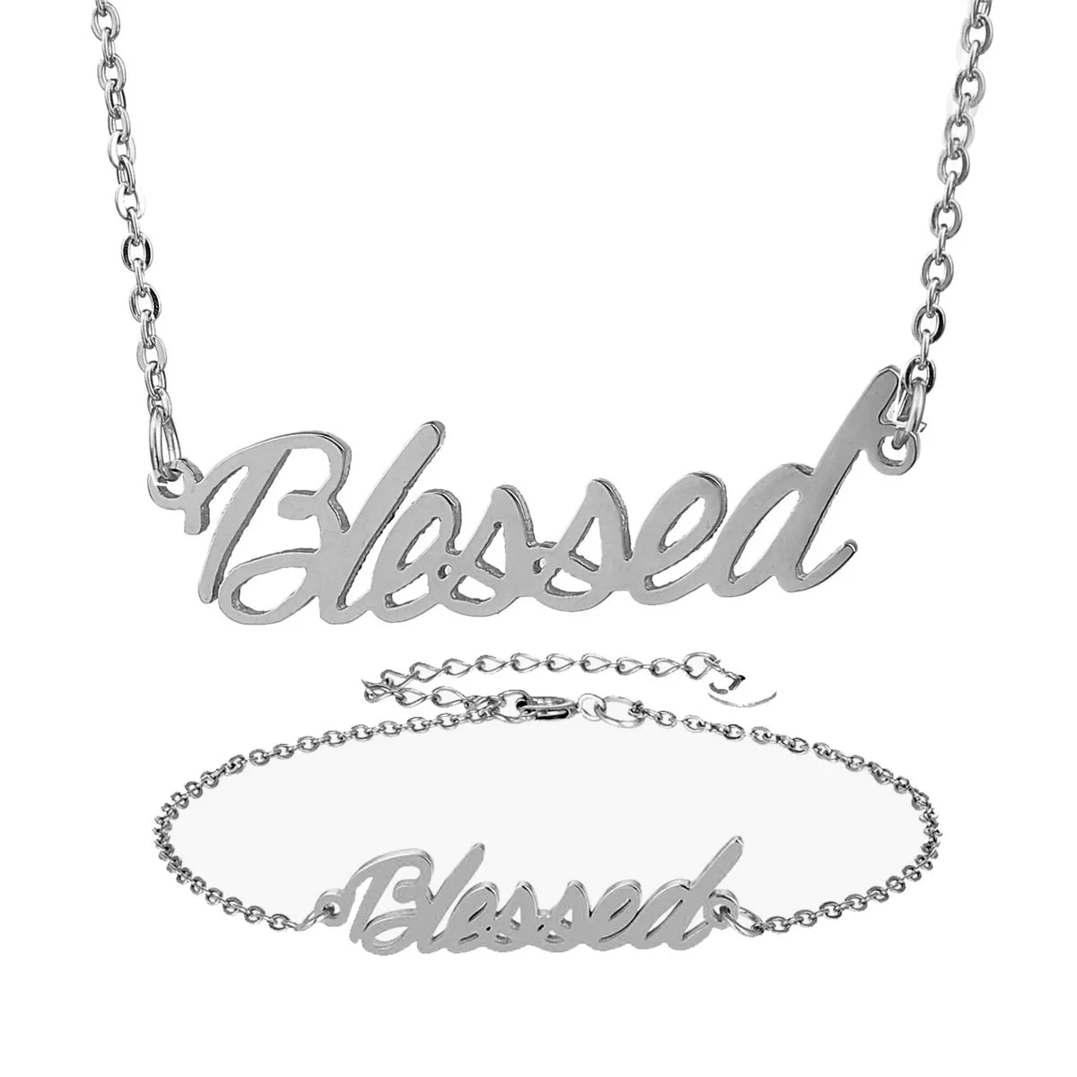 Модные Нержавеющая сталь имя Цепочки и ожерелья + Браслет &quotBlessed&quot сценарий