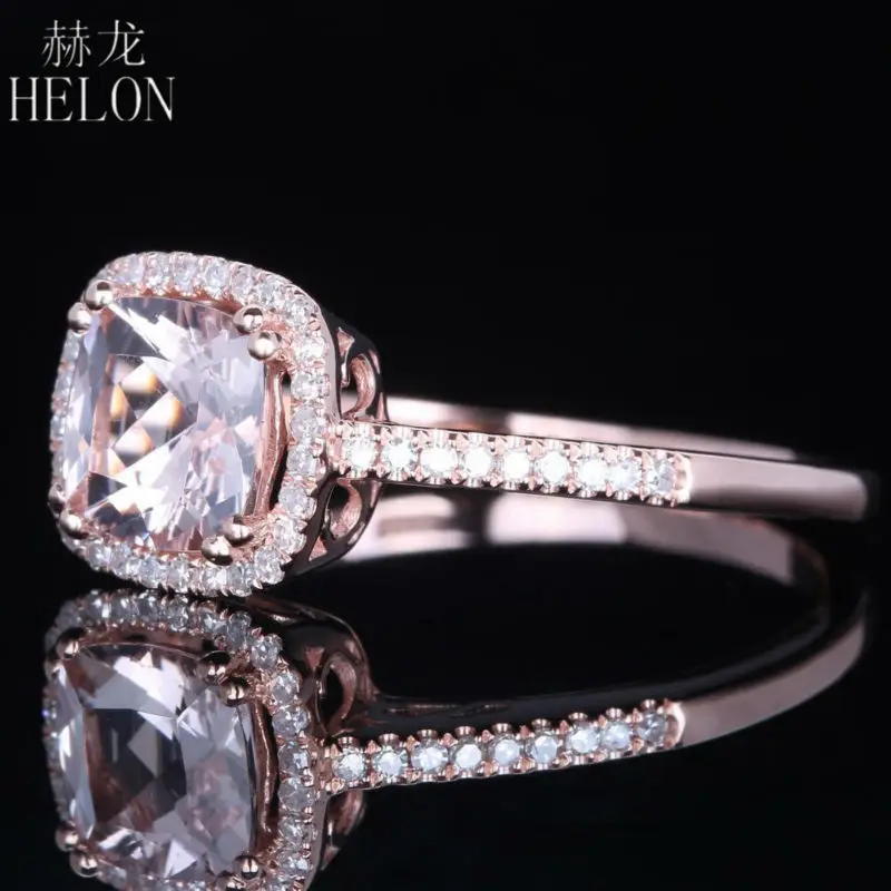 HELON Real 14 K розовое золото сертифицировано 6 мм Подушка 1.1ct натуральный морганит бриллиантовое обручальное кольцо для женщин Свадебные уникальные ювелирные изделия