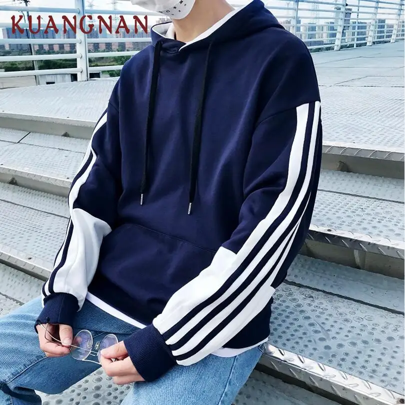 Navy Blue KUANGNAN повседневные полосатые мужские толстовки Харадзюку С Капюшоном, мужская Японская уличная одежда, мужская толстовка с капюшоном, толстовка в стиле хип-хоп, одежда 5XL, новинка - Цвет: Navy Blue