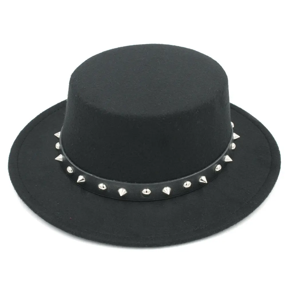 Mistdawn Men Women Ladies Wool Blend Boater Hat Wide Brim Pork Pie Caps Flat Top Hats Rivets Leather Belt Band Size 56-58cm