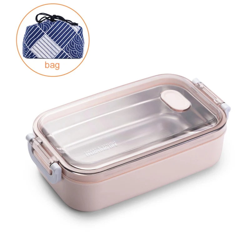Pink With Bag Детский Ланч-бокс из нержавеющей стали, контейнер для еды, японский Бенто-бокс для хранения, портативный Школьный набор для пикника, Ланчбокс с сумкой для обеда 800 мл - Цвет: Pink With Bag