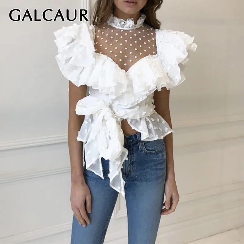 Женская шифоновая рубашка в горошек GALCAUR блузка стиле пэчворк с воротником