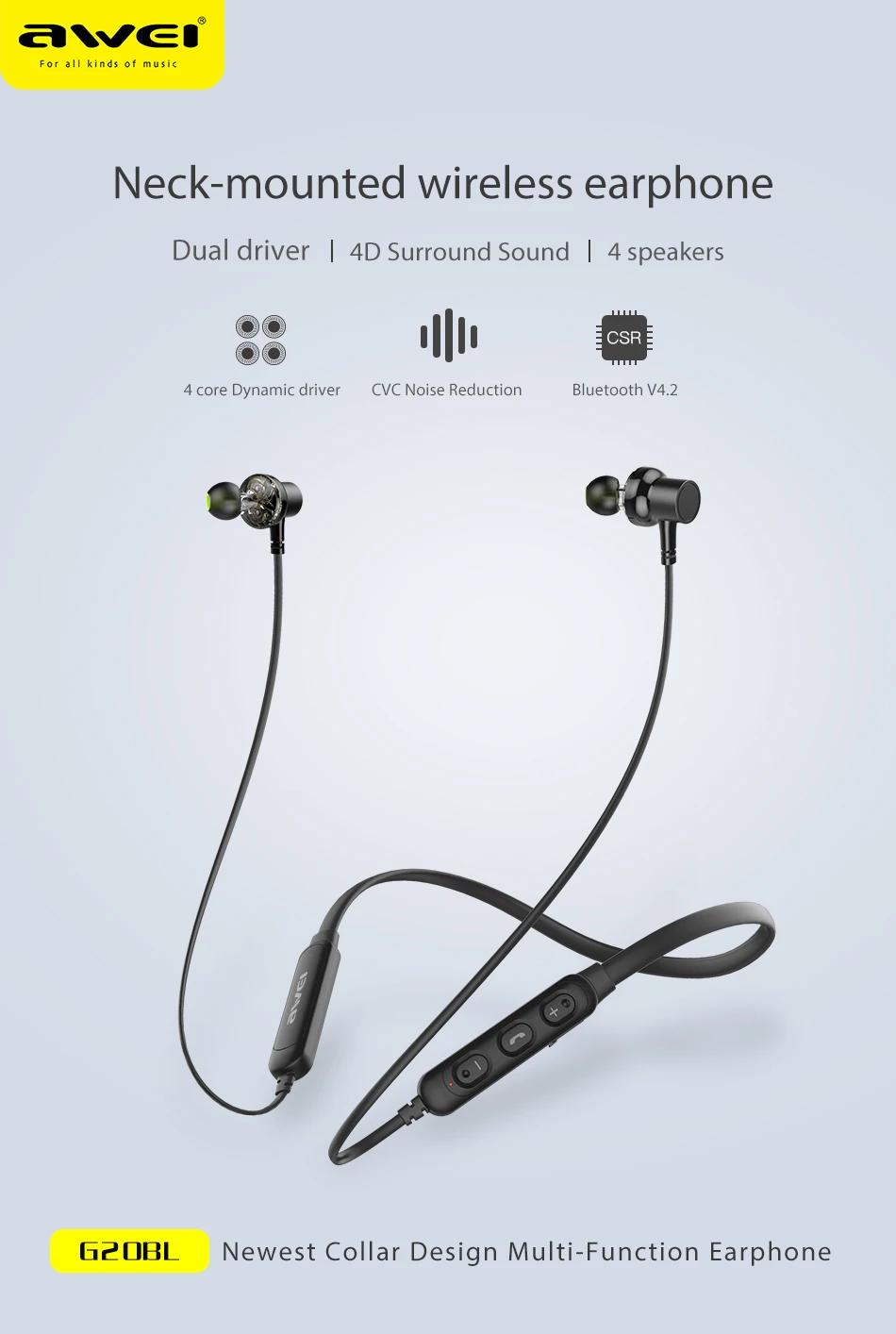 AWEI G20BL двойной драйвер шейным HiFi беспроводные Bluetooth наушники CVC шумоподавление IPX4 стерео глубокий бас для телефона