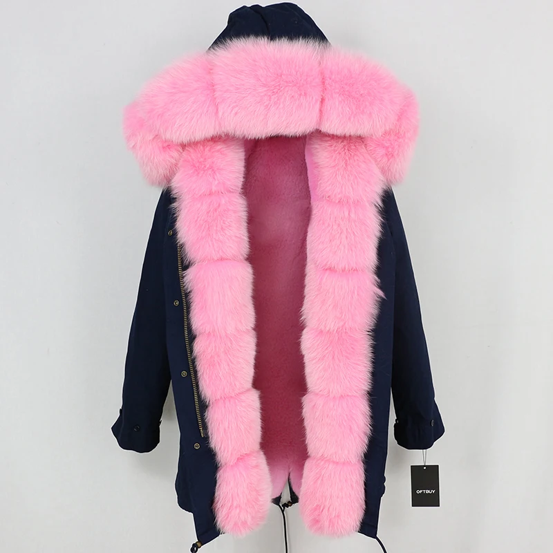 navy pink OFTBUY, зимняя женская куртка, пальто из натурального меха, длинная парка, Воротник из натурального Лисьего меха, Толстая теплая брендовая Роскошная Съемная Повседневная Новинка - Цвет: navy pink