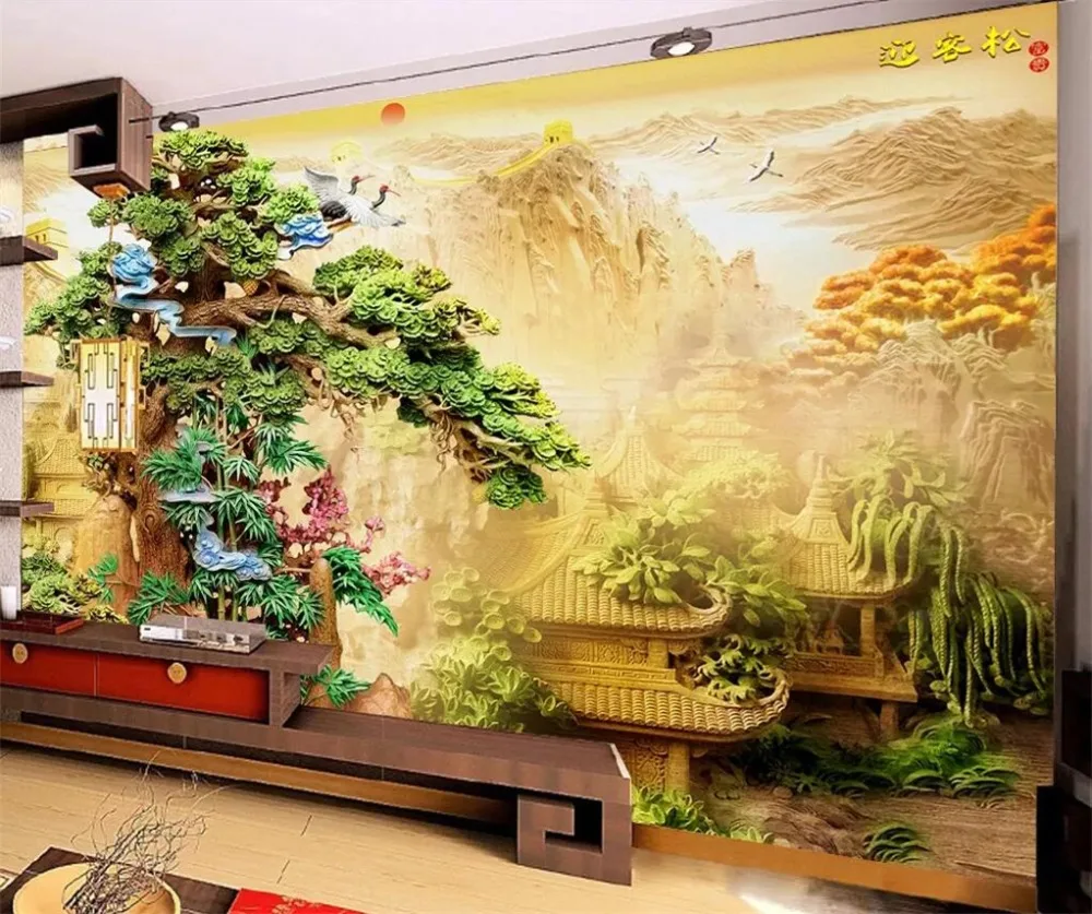 Пользовательские большие обои 3D фрески из тонкой древесины резьбы Добро