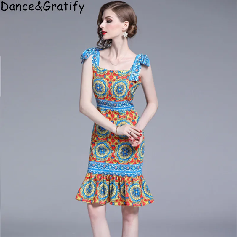 Летние взлетно посадочной полосы платье женские красочные фарфоровые с бантом