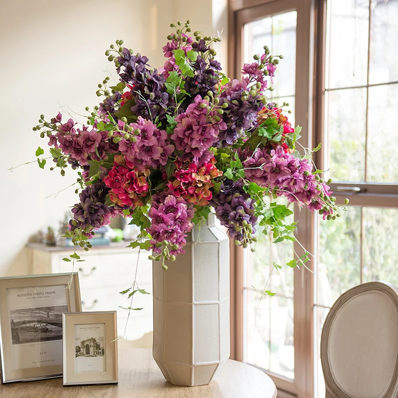 

Wholesales 100Pcs Purple Delphinium Fake Flower Artificial Silk Flowers Wedding Decoration Home Banquet Blossom Interior Trim