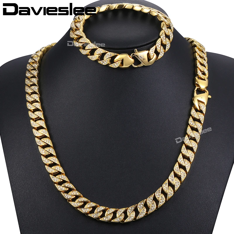 Miami Necklace Bracelet Jewelry Set for Men Gold 316L Stainless Steel Cubic Zirconia CZ Chain 12mm LHS60 | Украшения и аксессуары