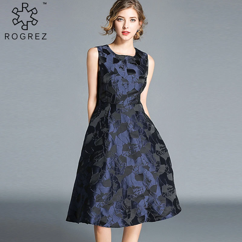 ROGREZ синее Элегантное повседневное платье без рукавов с круглым вырезом для