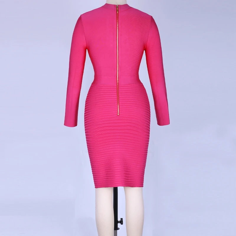Ocstrade, Vestidos, Бандажное платье,, женское, новое, модное, ярко-розовое, Бандажное платье, сексуальное, с вырезами, Клубные, вечерние, с длинным рукавом, облегающее платье