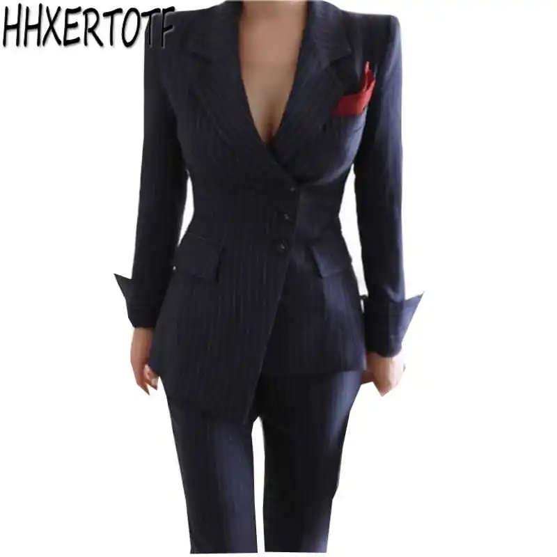 Новые женские костюмы с асимметричными полосатыми брюками однобортный пиджак и