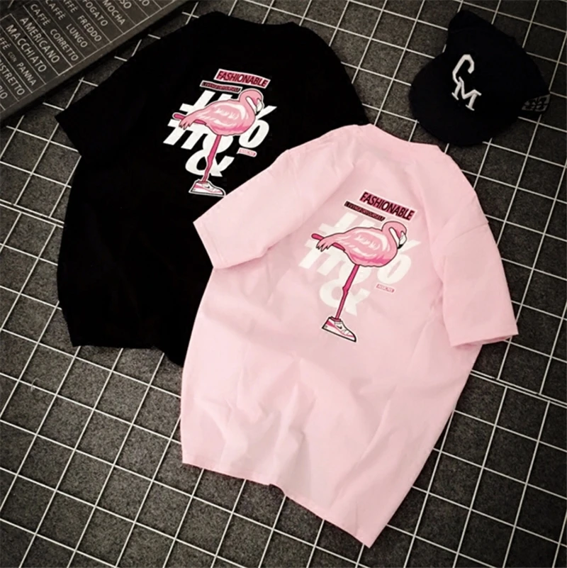 Фламинго Печать Повседневная летняя обувь T футболка розовые/черные/белые хочу