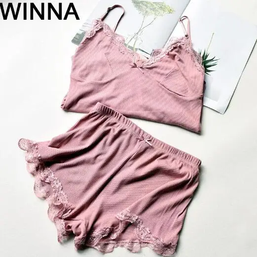 Cotton Women Sexy Pajamas Camisole &amp Panties Sets V-Neck Bundle Girls' Lady Sleepwear Spaghetti strap lace Underwear Big Size | Женская