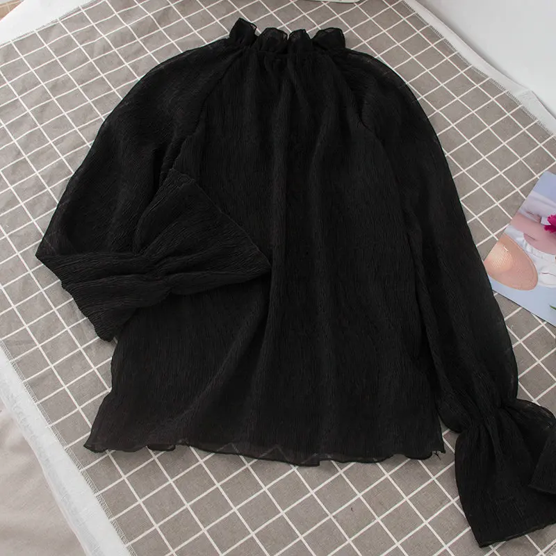 Women Blouse Shirt HISUMA женский весенне-летний сетчатый пуловер с расклешенными рукавами в горошек, Базовая рубашка, Повседневная шифоновая блузка с оборками и вуалью, топы - Цвет: Women Blouse Shirt