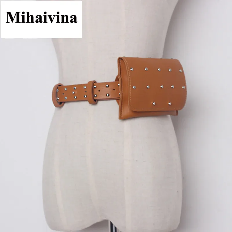 Mihaivina new brand women leather waist bag fashion small belt handbag with revit phone bags | Багаж и сумки